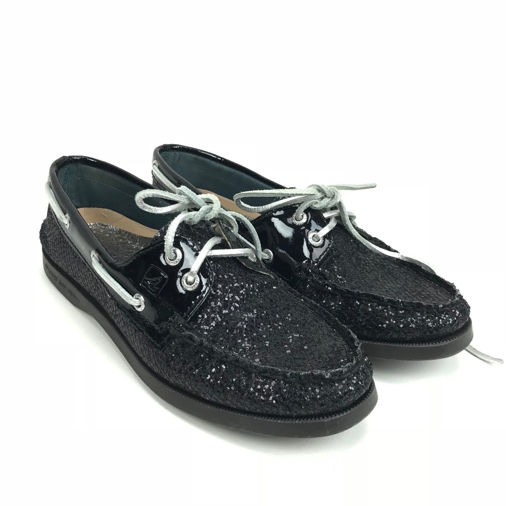 Sperry Top Sider Women Black Glitter Boat Shoe 6M